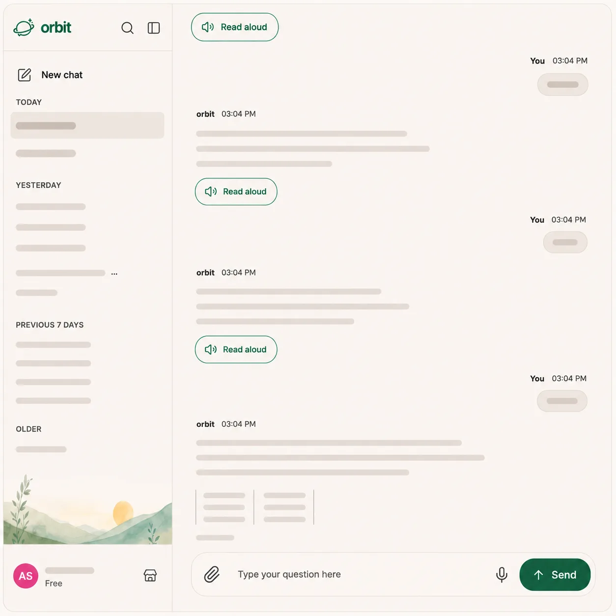 Orbit chat thread with read-aloud replies and the sidebar of recent conversations
